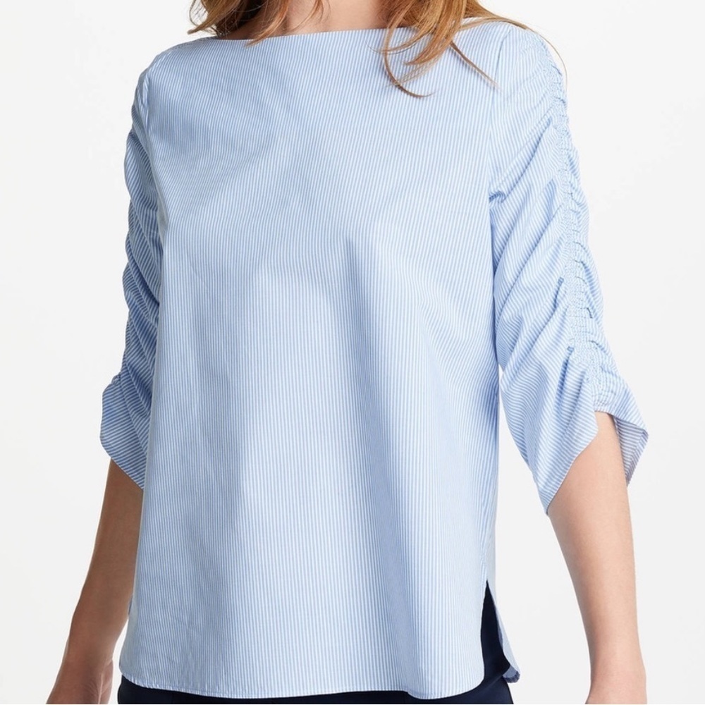 MARELLA Blue White Boat Neck Striped 3/4 Ruched Sleeve Button Back Top Shirt - 6